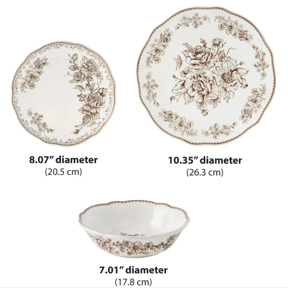 💕 2025 The Pioneer Woman Elegant Agatha Cream and Brown Dinnerware Set